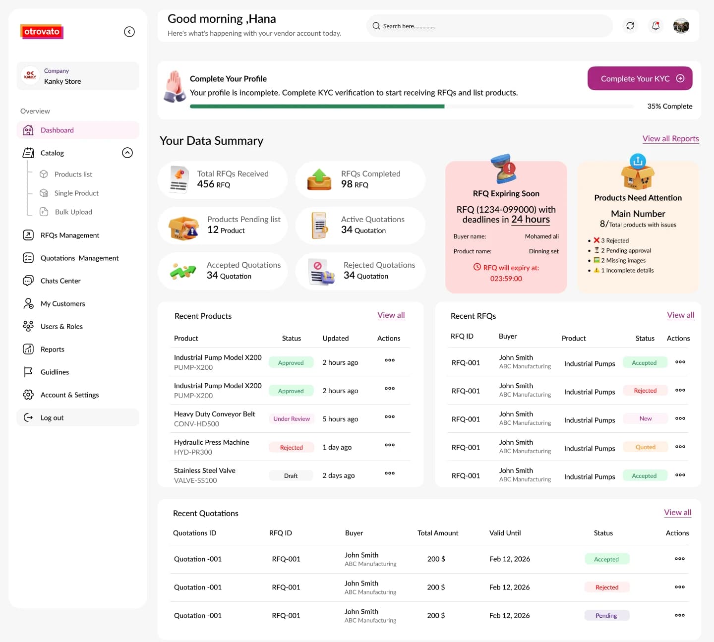 The otrovato seller dashboard, with RFQs, quotations, products and reports in one place.